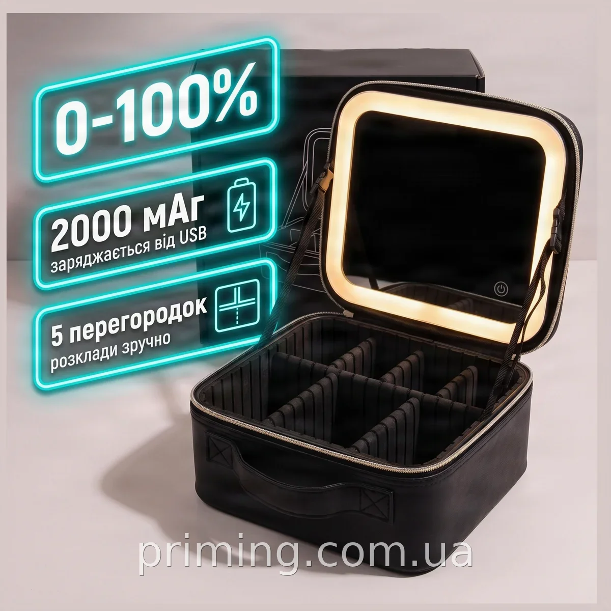 Дорожная косметичка-органайзер с LED-зеркалом и подсветкой, чемоданчик для хранения косметики в поездках