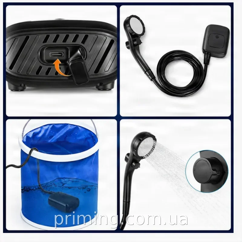 Аккумуляторный переносной душ Electric Outdoor Shower с силиконовым шлангом 2м и USB-C 2400mAh для дачи