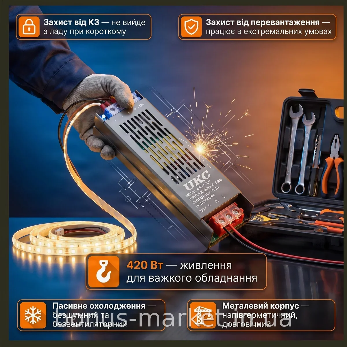 Импульсный блок питания 12V 35A 420Вт металлический полугерметичный для светодиодной ленты и бытовых нужд
