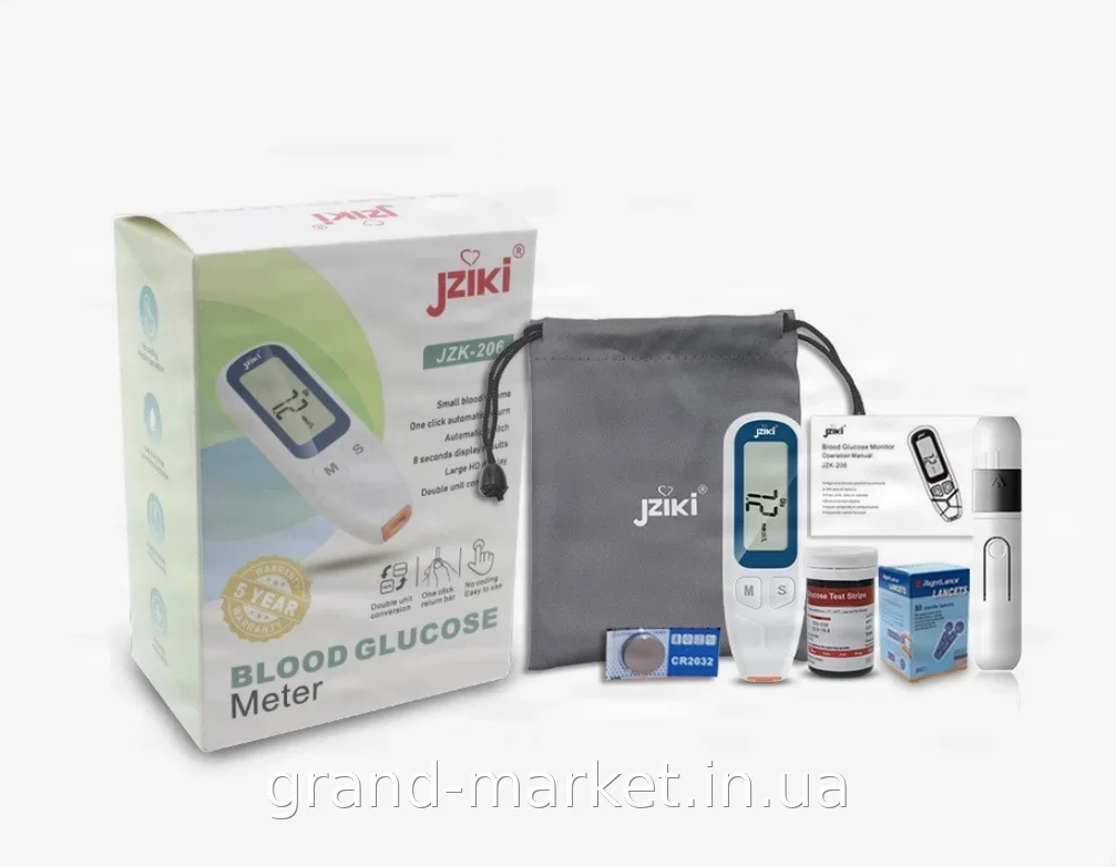 Глюкометр Jziki JZK-206 для точного вимірювання рівня цукру в крові, цифровий, з чохлом, ммоль/л і мг/дл