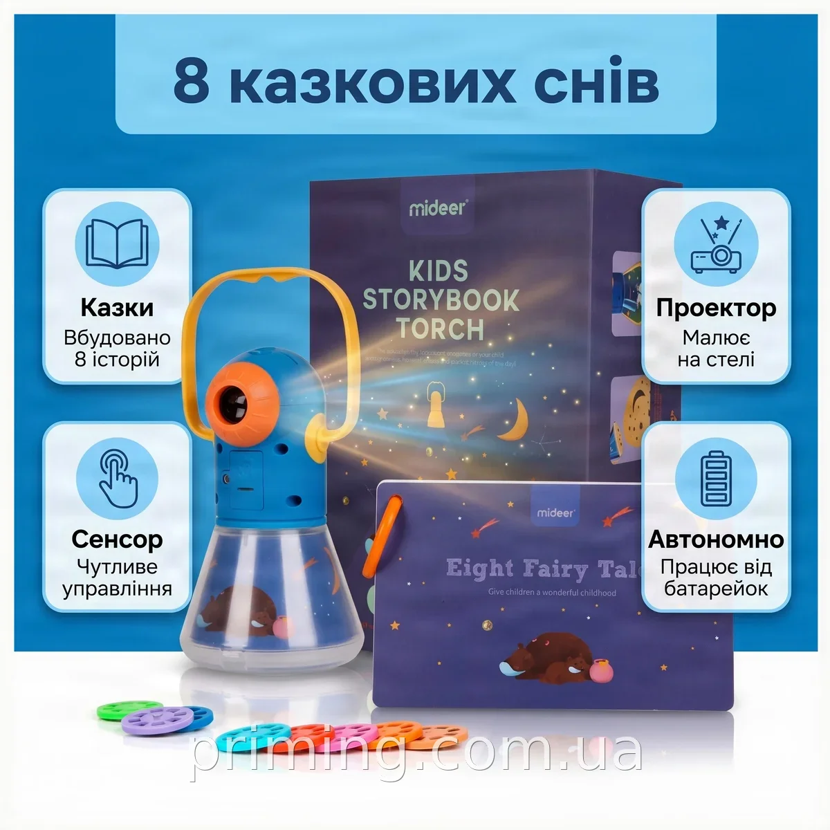 Детский ночник-проектор с 8 сказками и звездным небом, сенсорное управление, пластик, на батарейках, синий