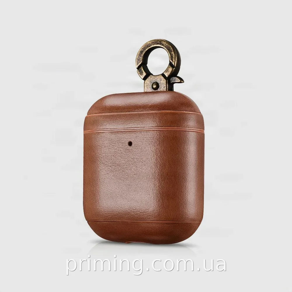 Чехол кейс для наушников AirPods 1 и 2 поколения iCarer Vintage с карабином из натуральной кожи, коричневый