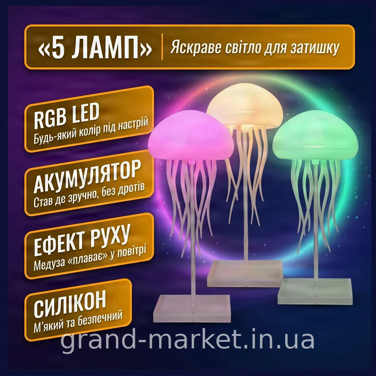 Нічник-медуза акумуляторний настільний з RGB LED підсвіткою та живим ефектом руху для дитячої кімнати