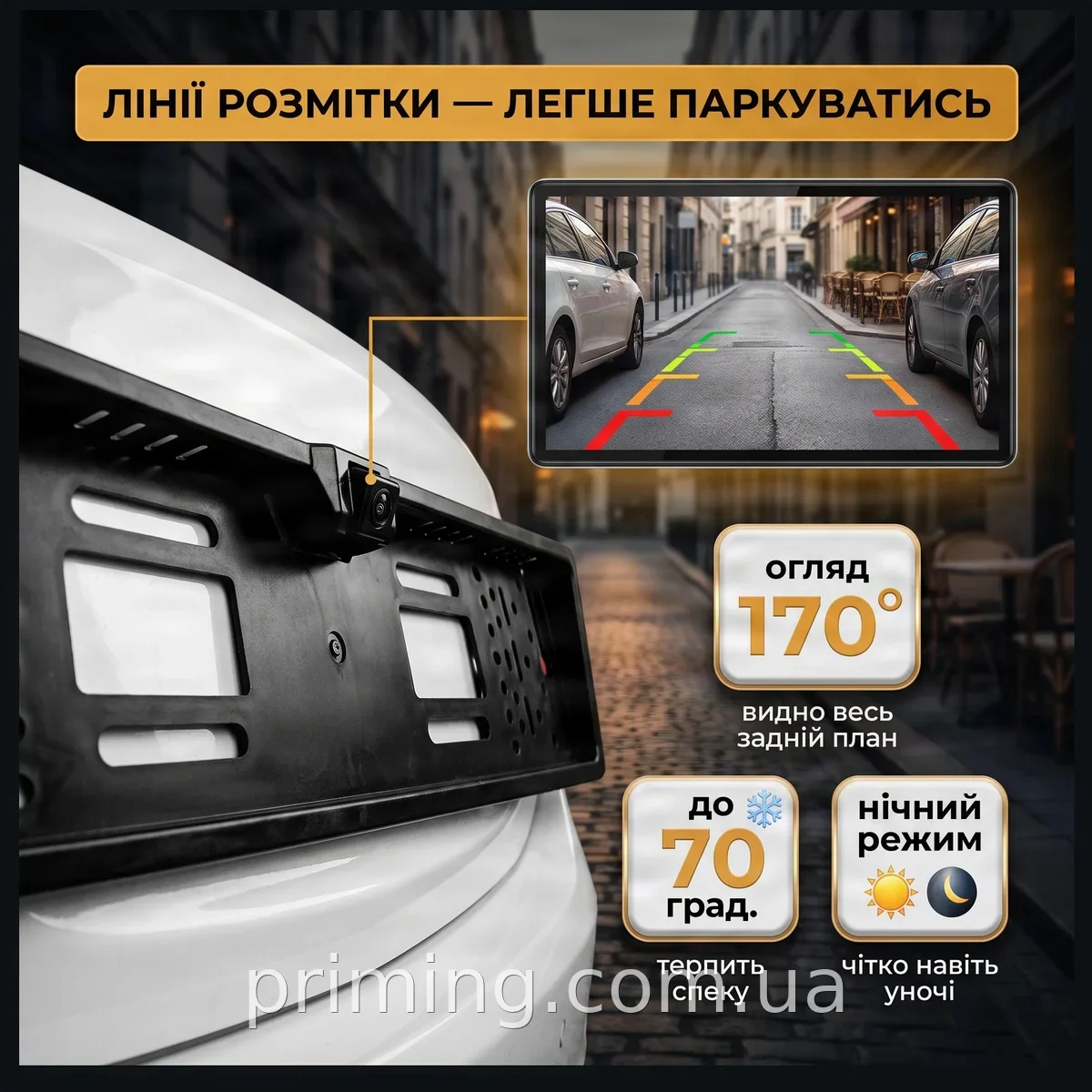 Камера заднего вида Lesko F-4790 универсальная для авто с держателем номера, угол 170°, ночная съемка, IP67