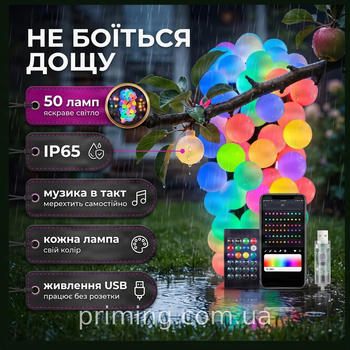 Умная светодиодная гирлянда 10 м Матовый шар SFK-03 с Bluetooth, USB и управлением с телефона, 50 LED