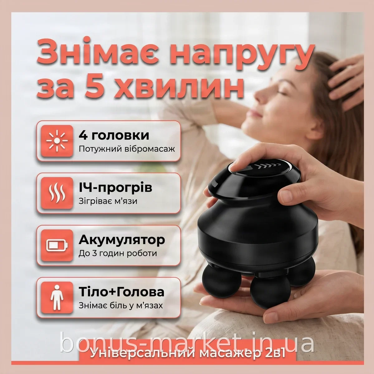 Перкусійний акумуляторний масажер для голови та тіла LY-883 з інфрачервоним нагрівом та 4 головками для м'язів