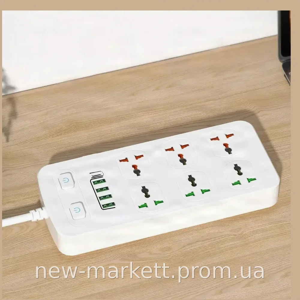 Сетевой фильтр-удлинитель AR-CP05 на 6 розеток и 4 USB с Type-C, 2 м, 2500 Вт, белый для дома и офиса