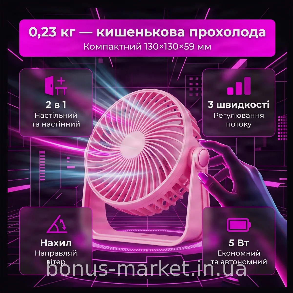 Акумуляторний настільний вентилятор AND-1261, 3 швидкості, універсальний настінний, компактний, білий