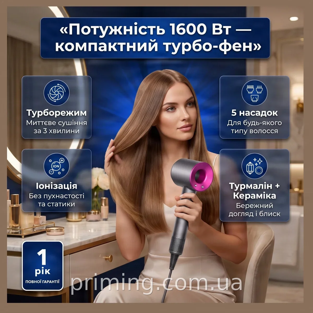 Фен профессиональный 5 в 1 с ионизацией, турборежимом и турмалиновым покрытием черный 1600 Вт 5 насадок