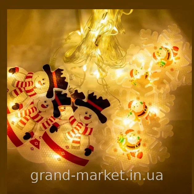 Гирлянда-штора Xmas 3D с фигурками снеговика и снежинки, 3 м на 70 см, 95 теплых белых светодиодов
