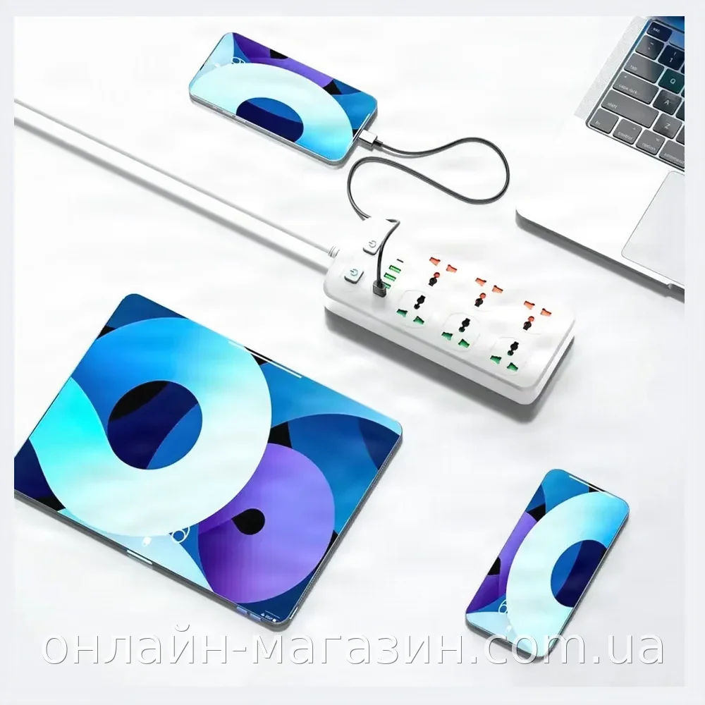 Сетевой фильтр-удлинитель AR-CP05 с 6 розетками, 4 USB и 1 Type-C, длина 2 м, 2500 Вт, белый, защита от КЗ