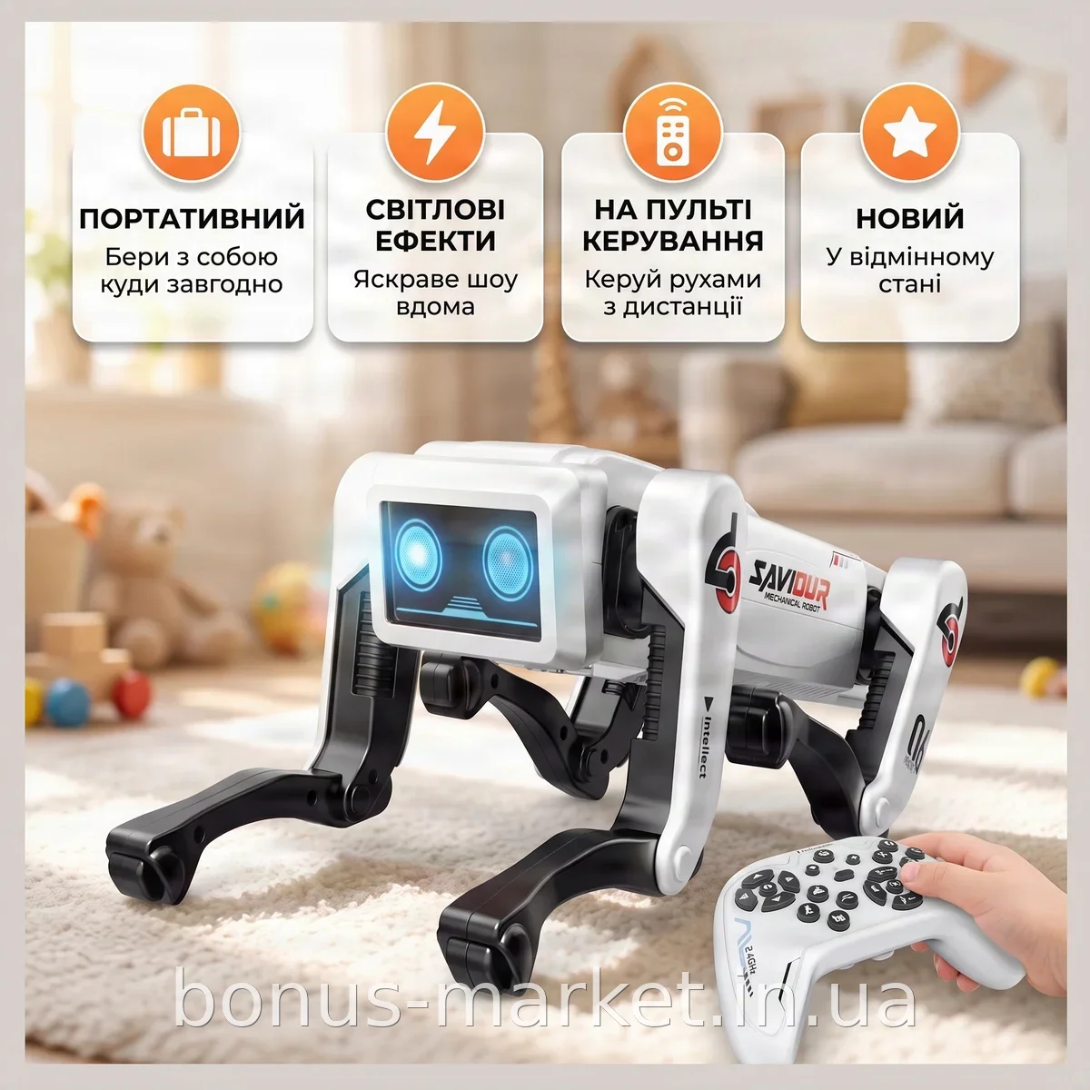 Интерактивный робот-собака на пульте управления AI Robot White, подвижная игрушка со световыми эффектами для детей