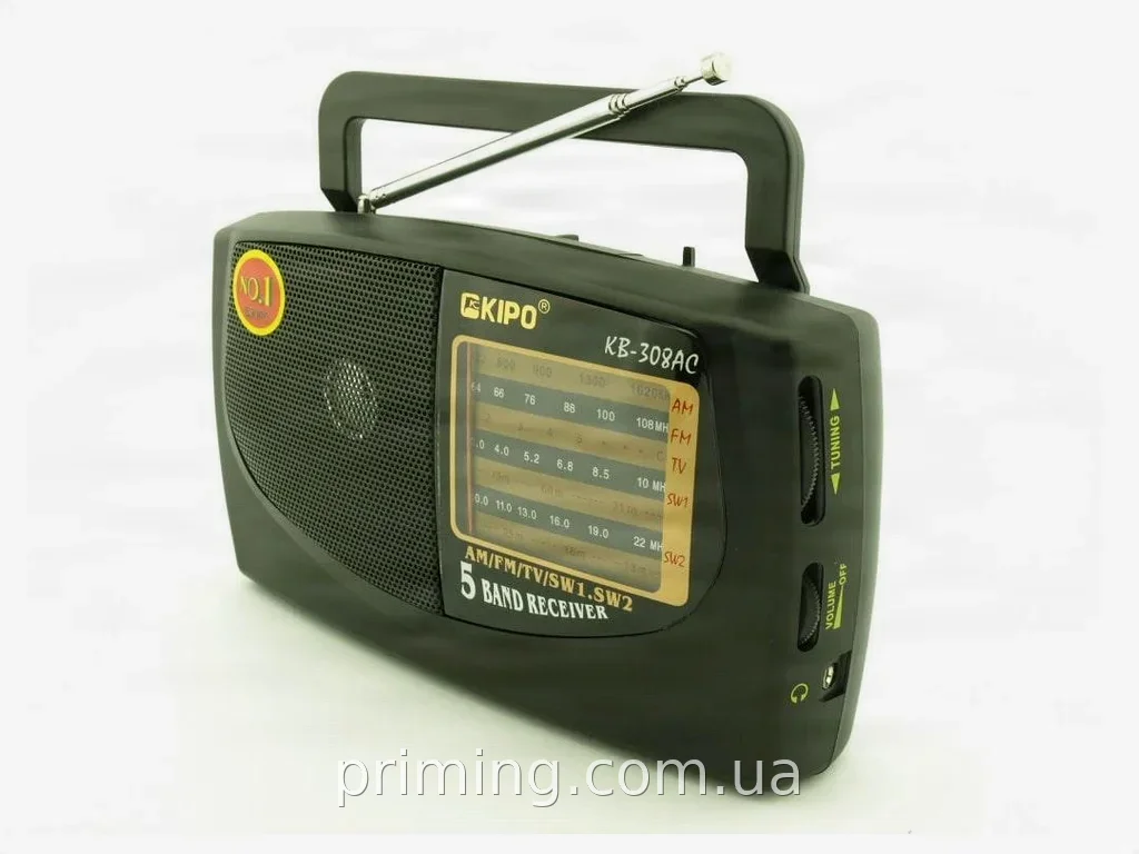 Портативный радиоприемник KIPO KB-308AC аналоговый FM/TV/SW, питание от сети 220 В и батареек, черный, 5 волн