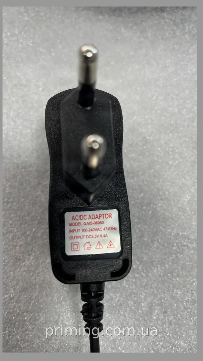 Импульсный блок питания 8.5V 0.4A для весов с аккумулятором 6V, герметичный пластик, LED, разъем 5.5х2.5