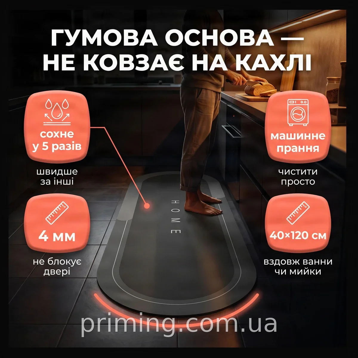Вологопоглинаючий неслизький килимок для ванни та кухні овальний 40x120 см сірий ПВХ з гумовою основою W006