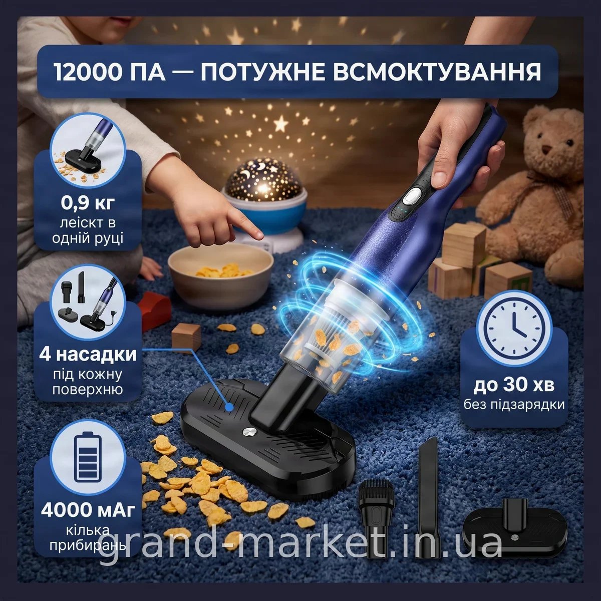 Бездротовий акумуляторний ручний пилосос 3 в 1 для дому та авто, 4000 мАг, 4 насадки, потужний BG-XCQ01
