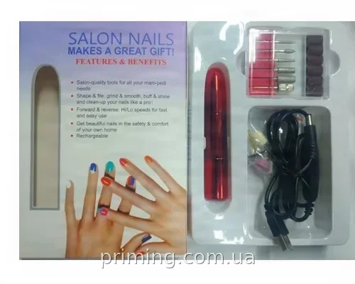 Фрезер для манікюру та педикюру акумуляторний портативний Flawless Salon Nails червоний з насадками для дому