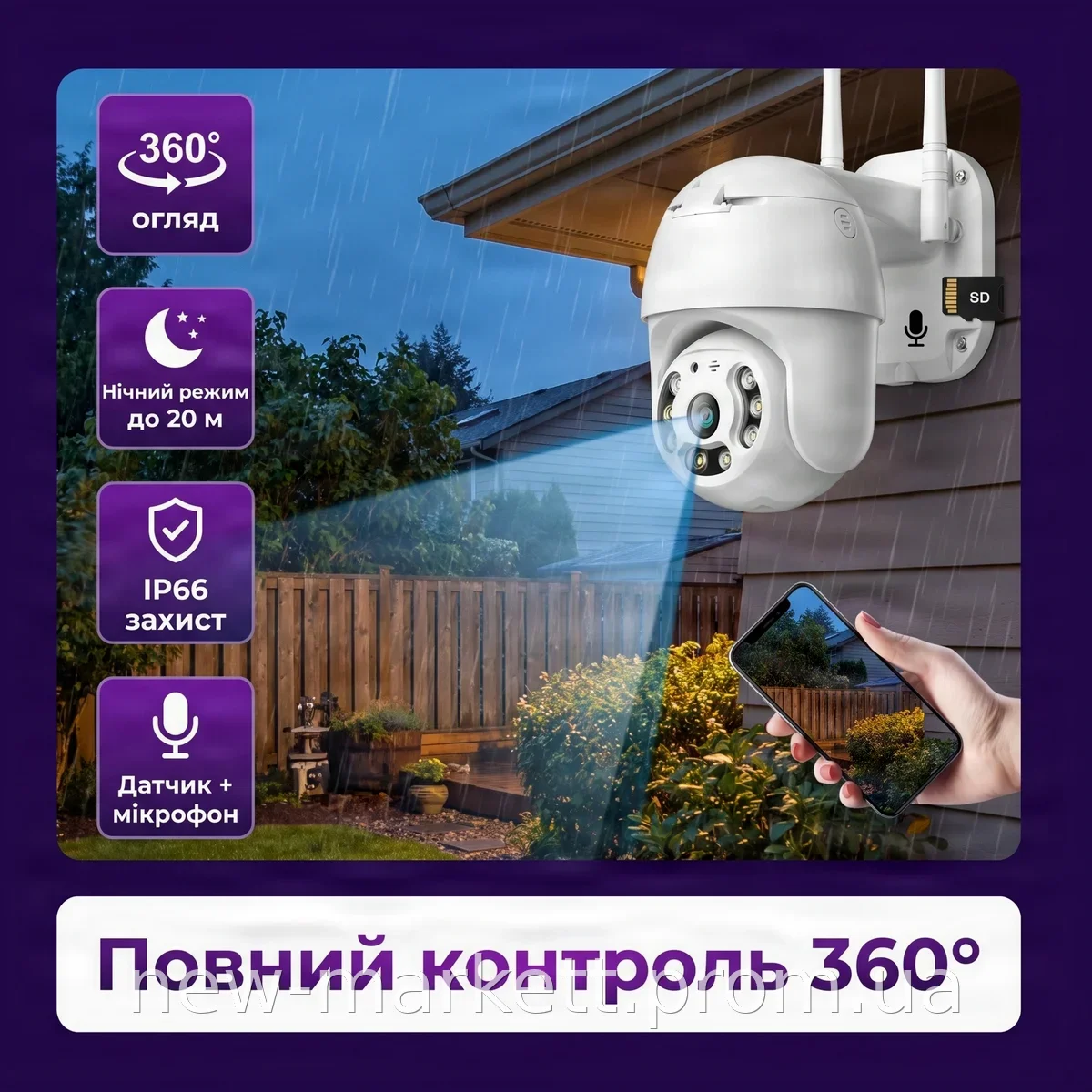 Wi-Fi камера видеонаблюдения уличная поворотная YCC365 2МП IP66 с ИК-подсветкой, датчиком движения и микрофоном