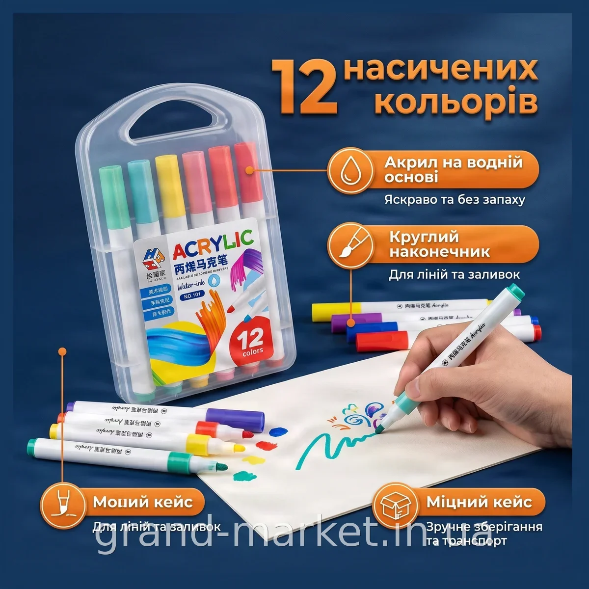 Професійні акрилові маркери 12 кольорів у пластиковому кейсі для малювання та скетчингу