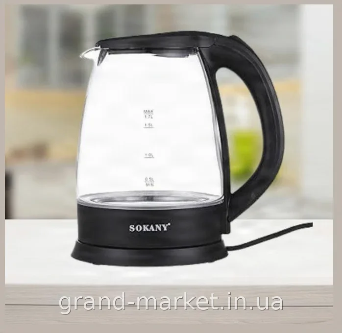 Електричний чайник скляний Sokany GK-322, 1.7 л, 2200 Вт, з підсвіткою, автовідключення, для дому