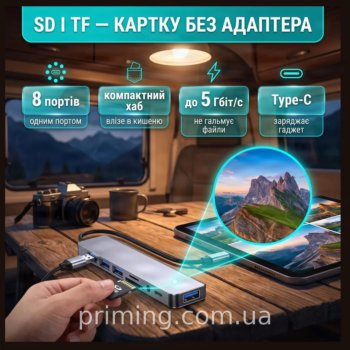 Багатофункціональний кардридер USB-хаб адаптер Type-C на USB SD TF для ноутбука, телефона та планшета