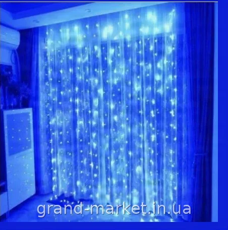 Світлодіодна гірлянда-штора «водоспад» Xmas 320-B, синя, LED, 3×2 м, 320 ламп, 8 режимів, для вікна, новорічна