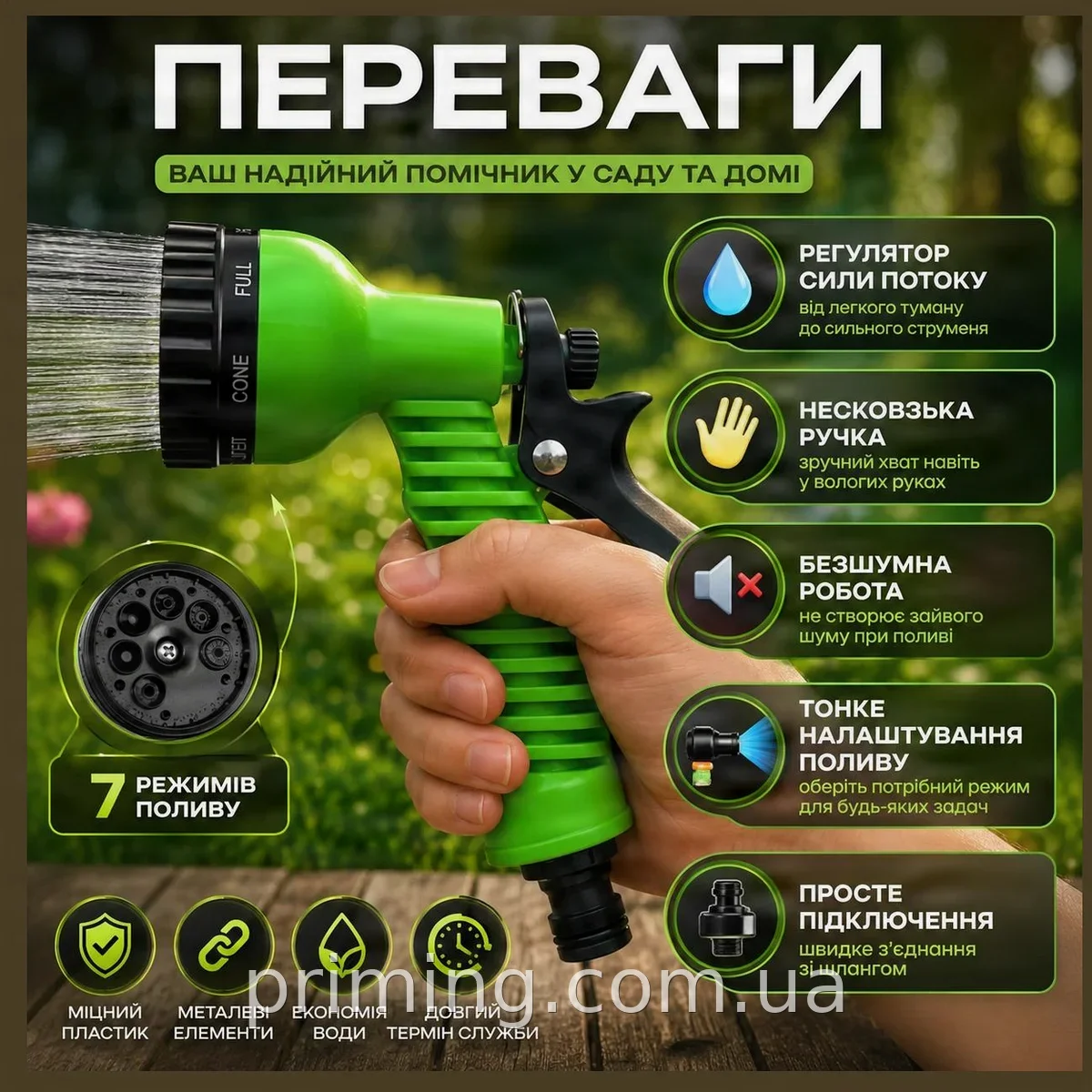 Пістолет для поливу ручний багатофункціональний 7 режимів розпилення з фіксатором курка для саду та городу