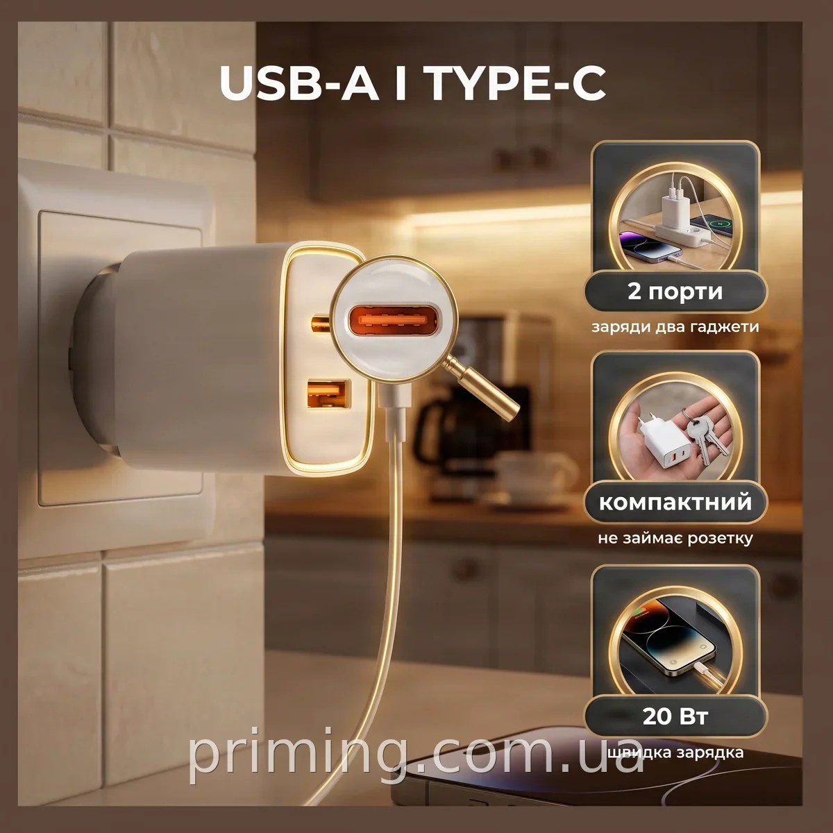 Сетевой адаптер Celebrat C-H15 20W, белый - быстрая зарядка USB-A и Type-C для телефона, планшета и смартфона