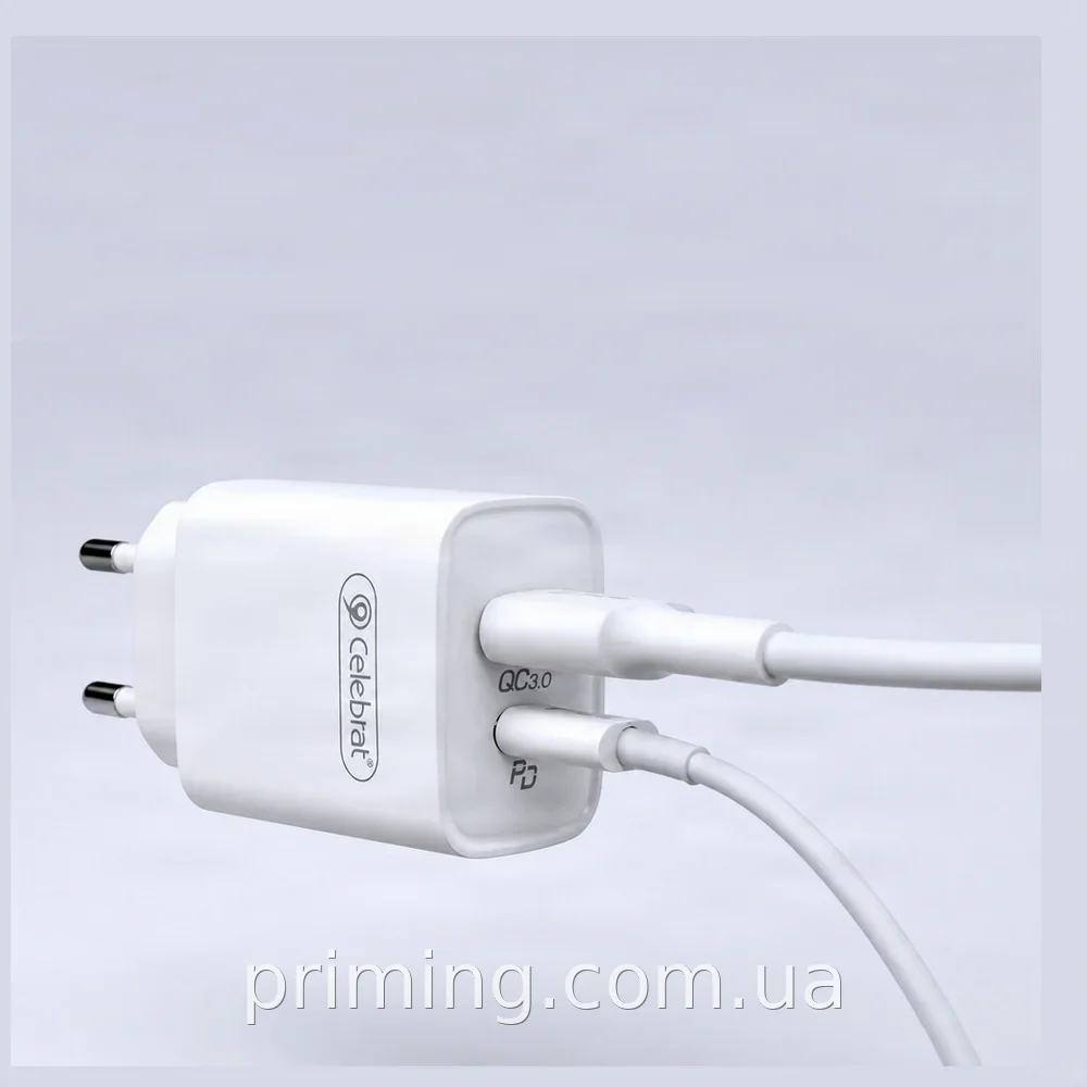 Сетевой адаптер Celebrat C-H15 20W, белый - быстрая зарядка USB-A и Type-C для телефона, планшета и смартфона