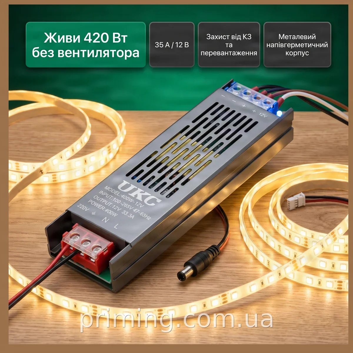 Блок живлення імпульсний 12V 35A 420W металевий для світлодіодної стрічки, із захистом від КЗ та перевантаження