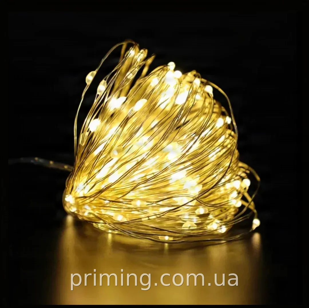 Гирлянда Роса на USB зелёный провод 20 м с пультом ДУ теплый белый свет 200 LED диодов для дома и праздника