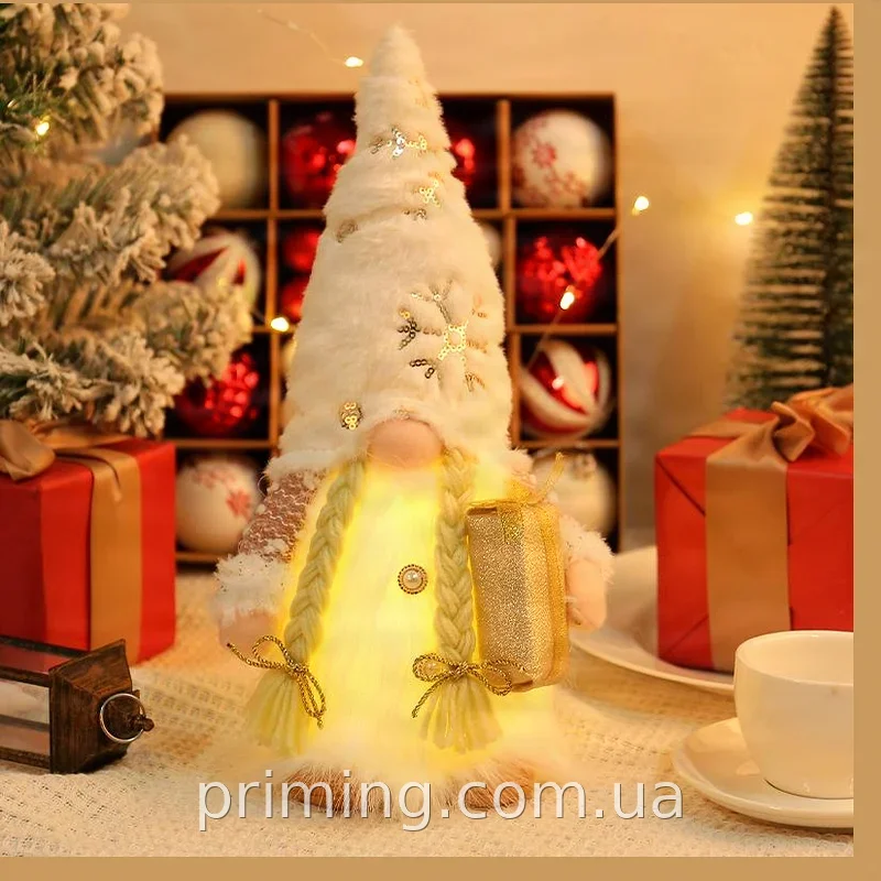 Новогодний скандинавский гном с LED подсветкой 30 см Winter Gold, статуэтка из текстиля для праздника
