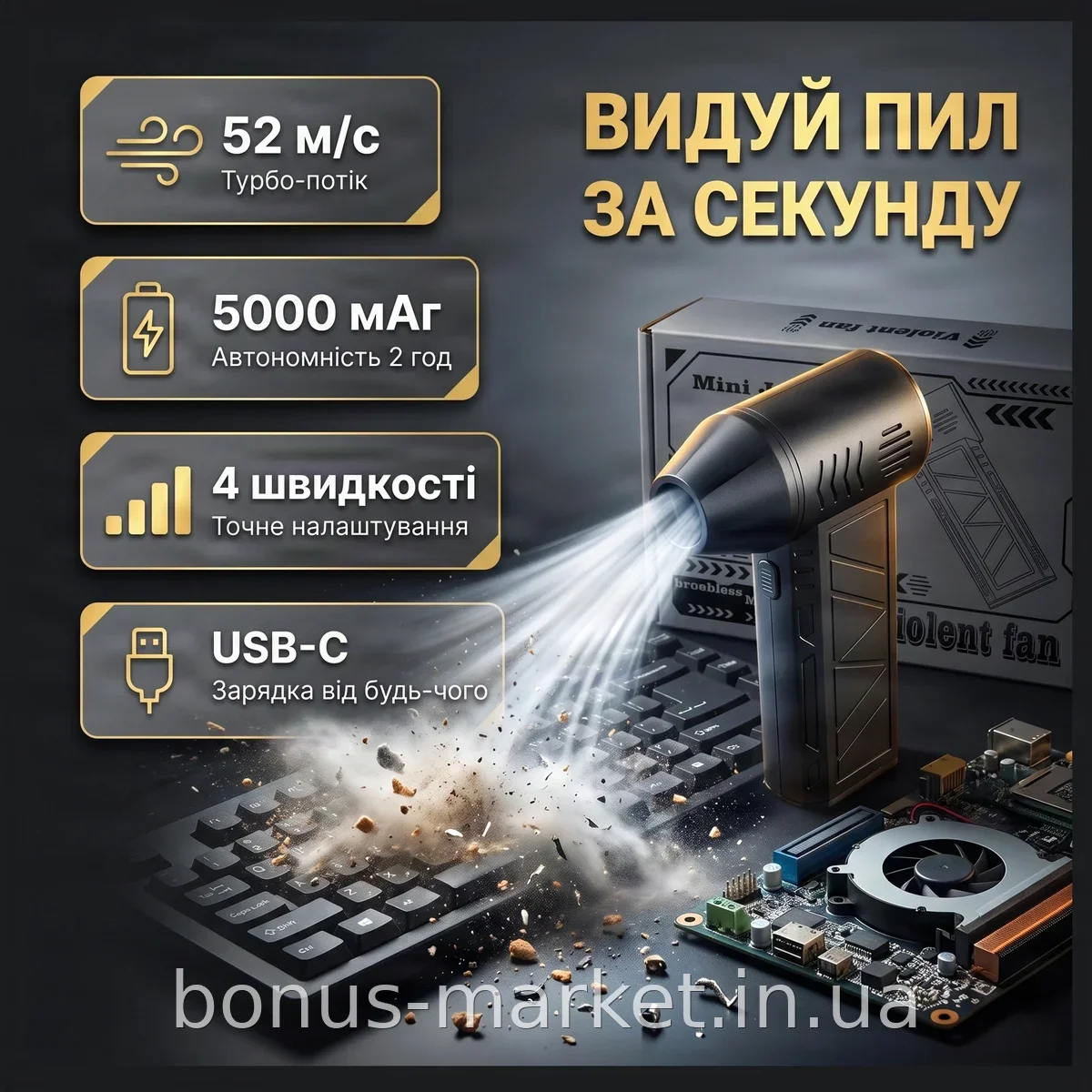 Портативный аккумуляторный турбовентилятор 5000 мАч - ручная воздуходувка для очистки ПК и авто от пыли