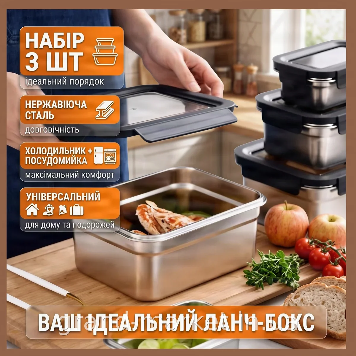 Харчовий контейнер з нержавіючої сталі AND 20687-13 1000 мл для зберігання та транспортування їжі, сріблястий