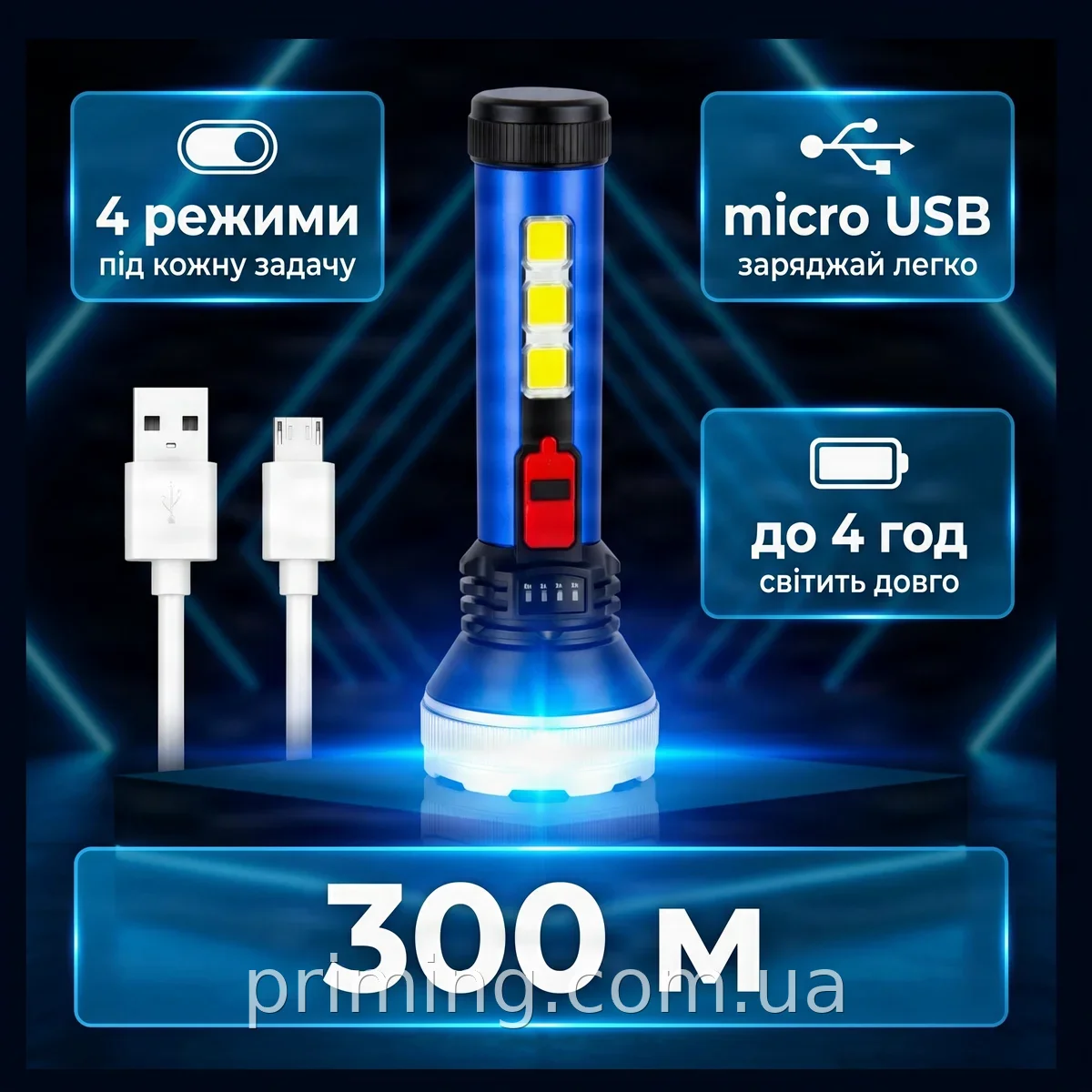 Ручной аккумуляторный фонарь 5W LED+COB 4 режима micro USB, влагостойкий, дальность 300 м, модель CB-C95