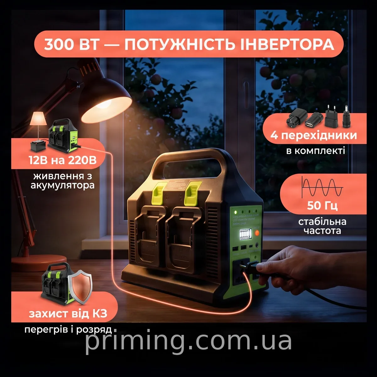 Інвертор напруги Best Mix UIN2 300 Вт з 12В на 220В для 4 акумуляторів LXT із захистом та перехідниками