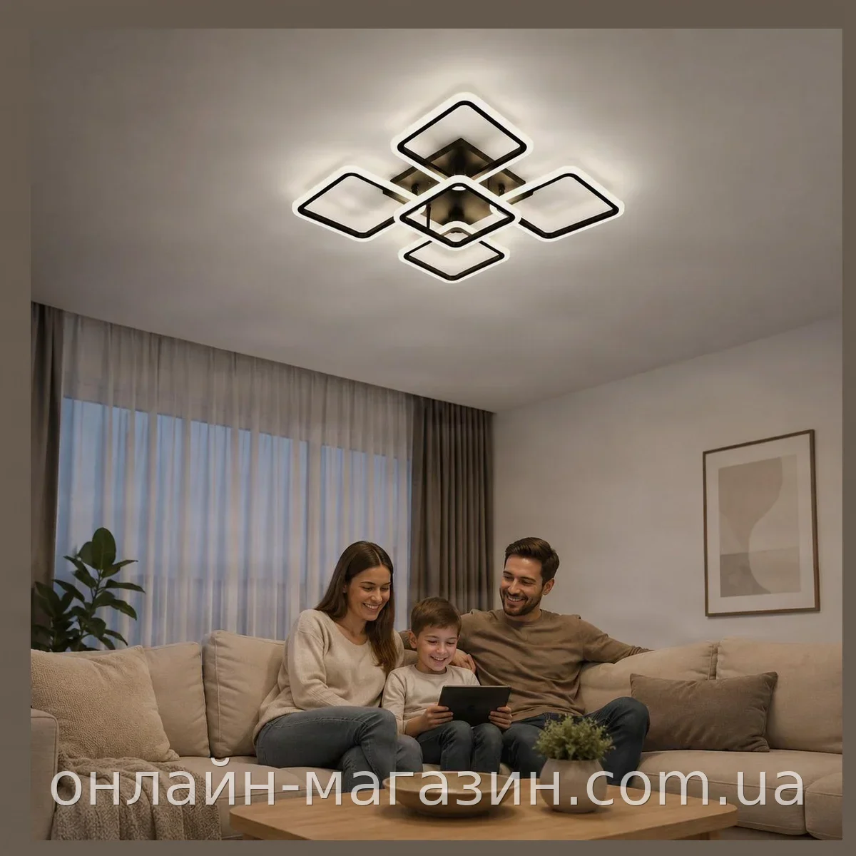 Світлодіодна LED-люстра стельова квадратна 120 Вт з пультом ДУ для вітальні, стиль хай-тек, чорна