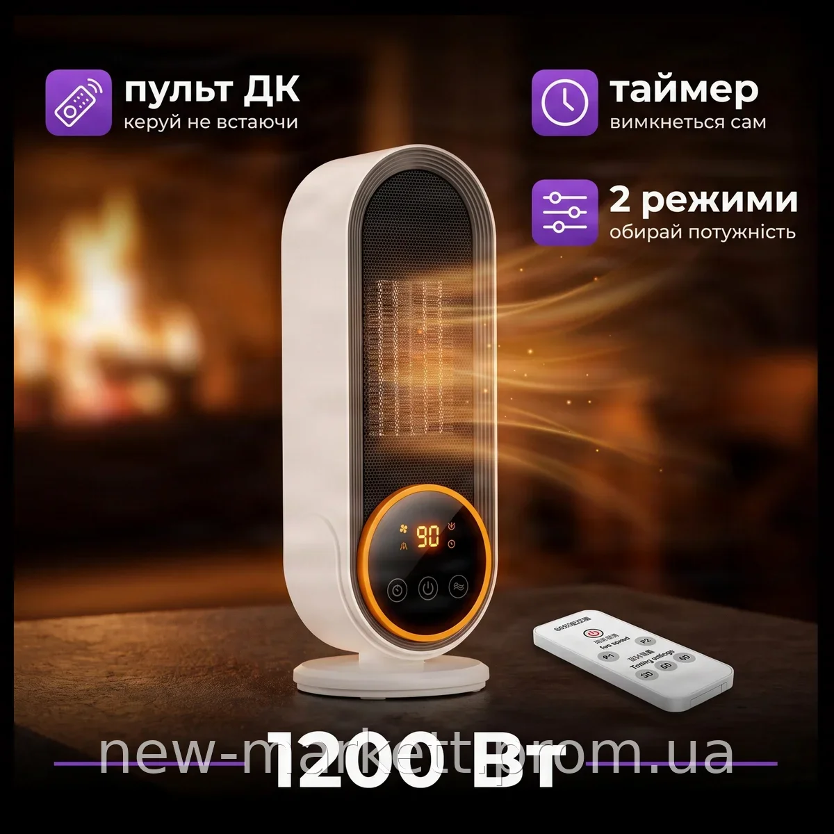 Тепловентилятор E68S керамічний 1200 Вт з пультом ДУ, обігрівач настільний підлоговий білий для дому