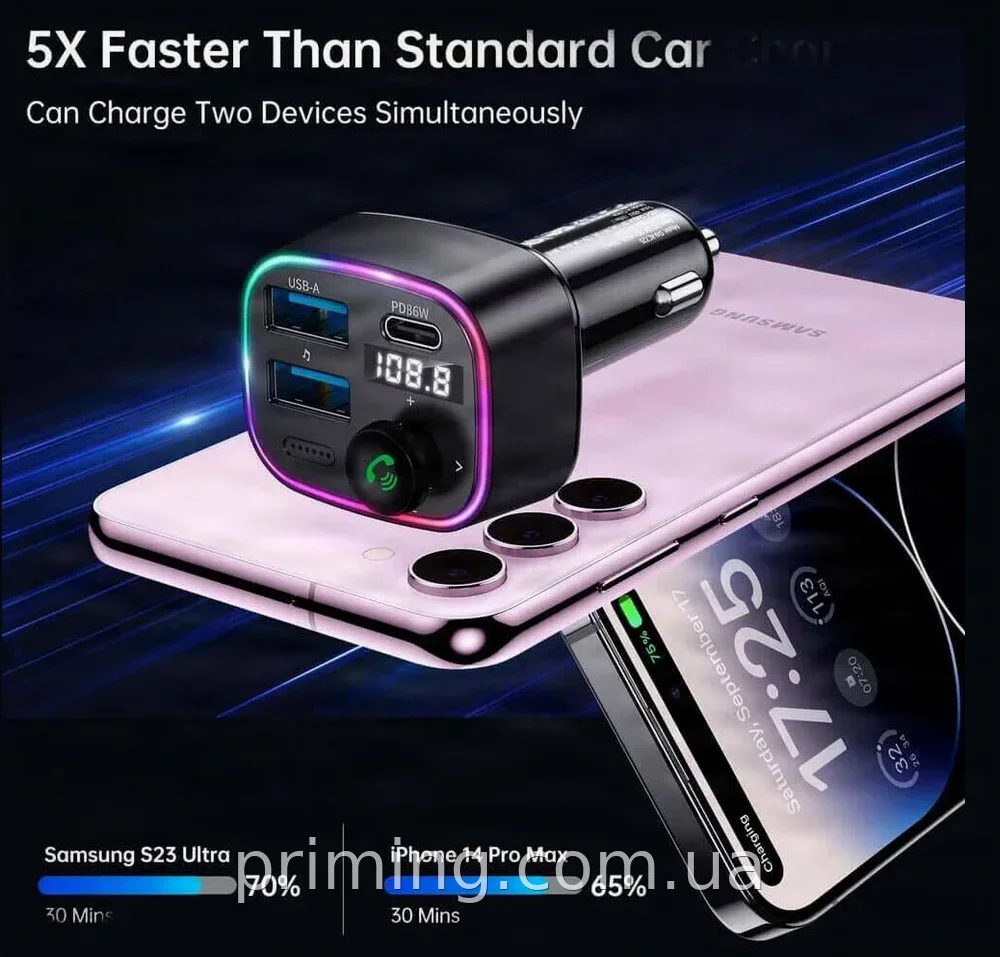 Автомобильный Bluetooth FM-модулятор с быстрой зарядкой PD QC3.0, USB Type-C, микро SD и RGB-подсветкой