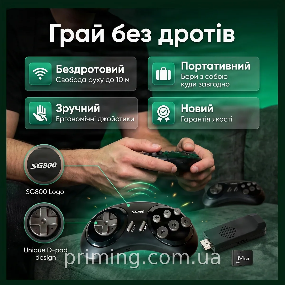 Игровая приставка портативная Game Controller SG800 с беспроводными джойстиками, поддержка TF-карт и USB