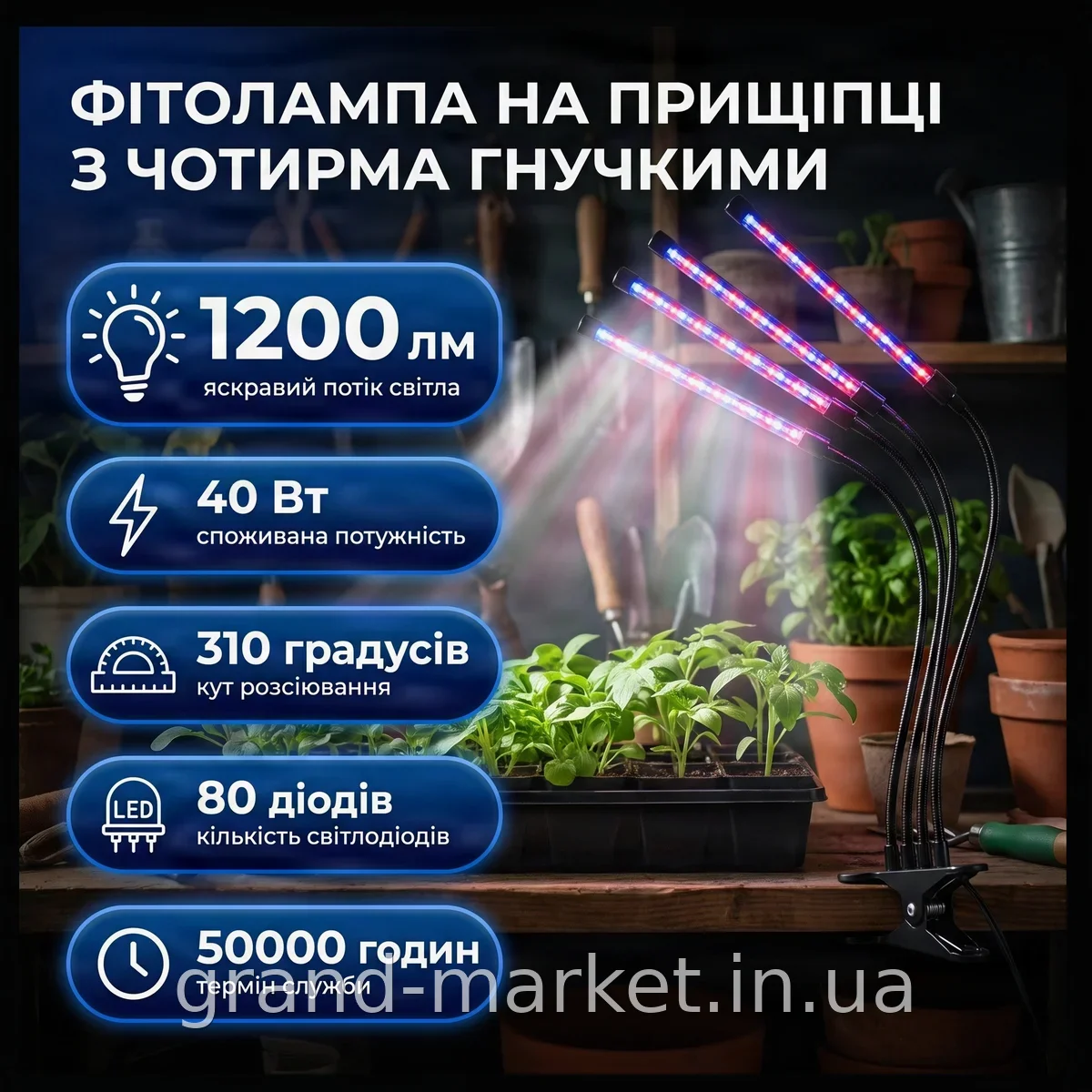 Фитолампа светодиодная настольная на прищепке 4 гибкие лампы полный спектр для выращивания рассады и цветов