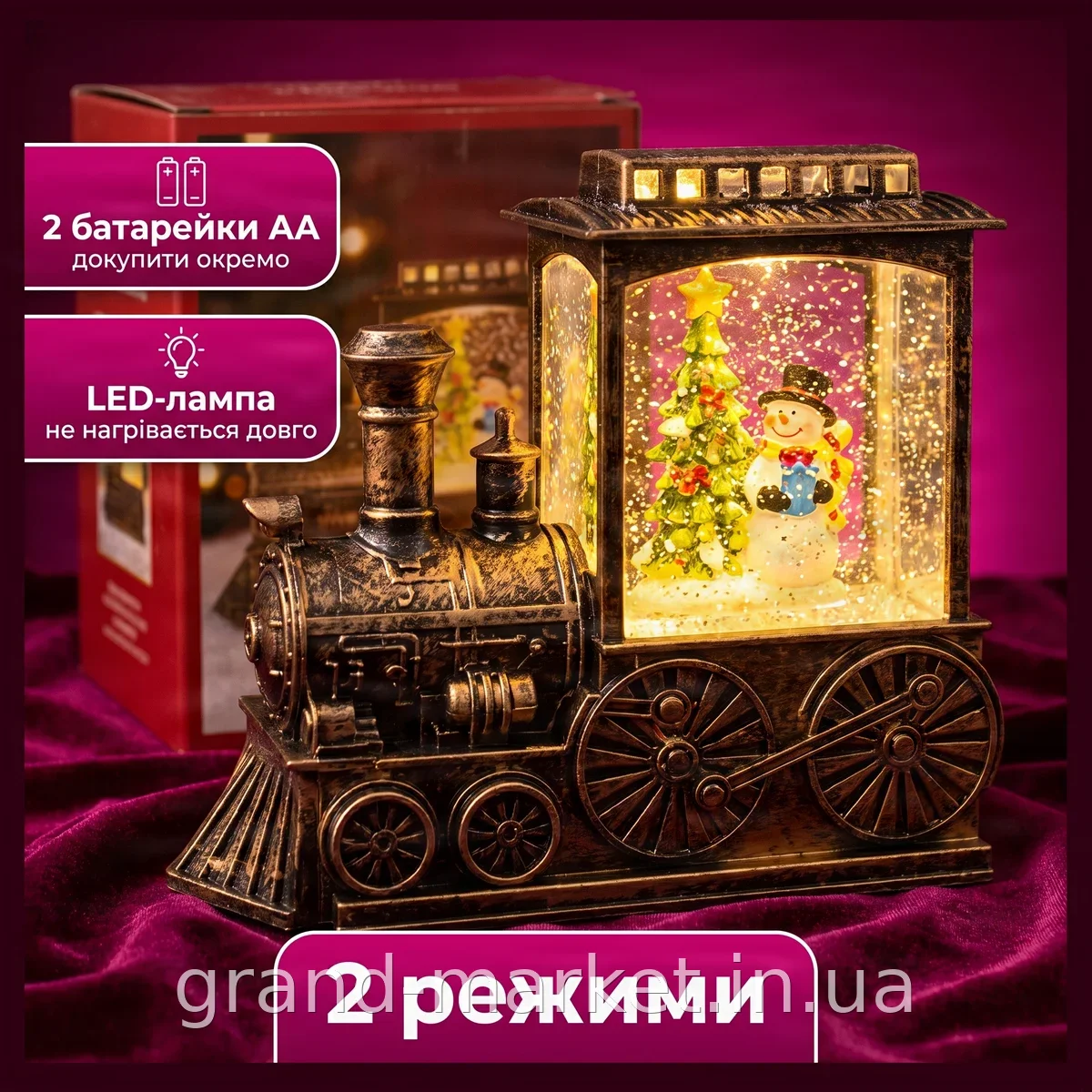 Новорічний світлодіодний світильник-паровоз зі сніговиком AND 5688, декоративний нічник-проектор на батарейках