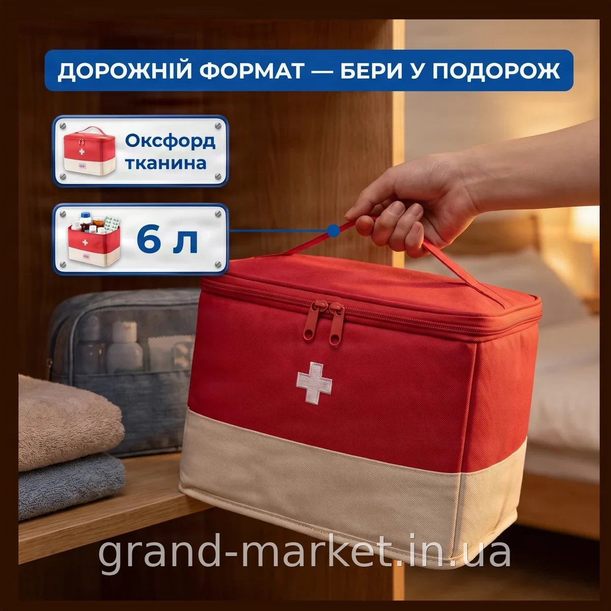 Органайзер для ліків великий дорожній з тканини Оксфорд, 6 л, з кишенями та блискавкою, аптечка-сумка