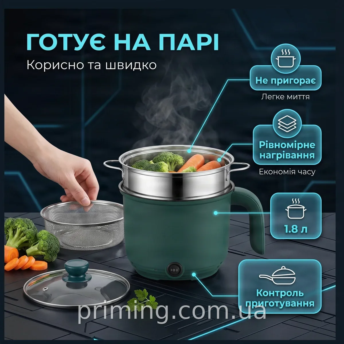 Электрическая кастрюля-пароварка 1,5 л из нержавеющей стали с антипригарным покрытием, мультиварка для дома