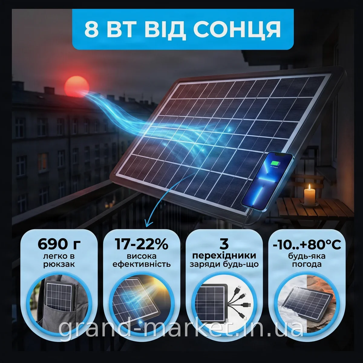 Солнечная панель GDSuper GD-100 8 Вт монокристаллическая портативная для зарядки телефонов и гаджетов
