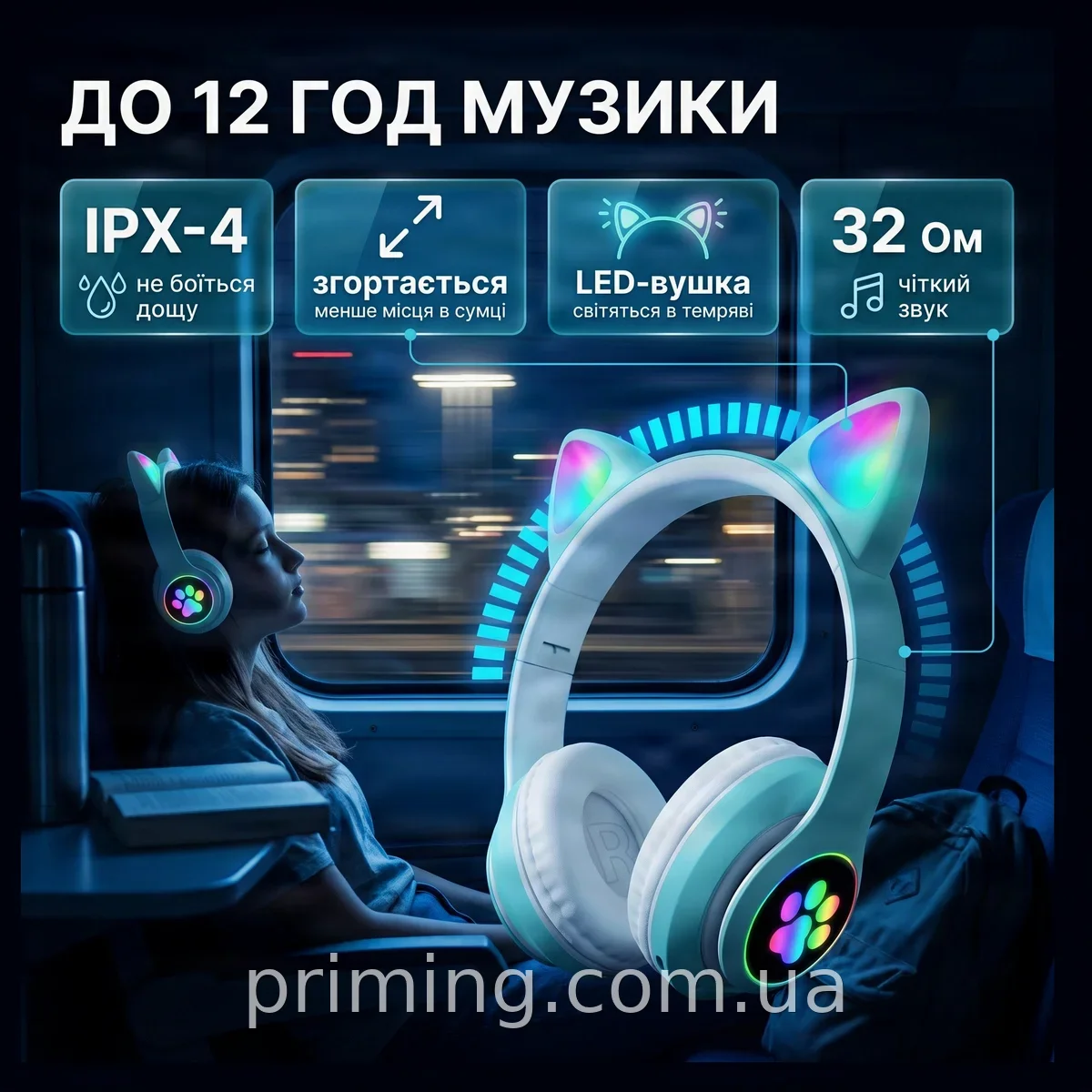 Дитячі бездротові Bluetooth-навушники Cat Ear з котячими вушками та LED-підсвіткою для ігор та навчання, 32 Ом
