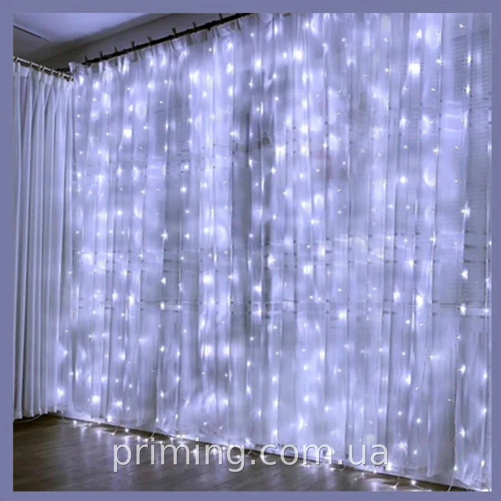 Светодиодная гирлянда-водопад 3х3 м, 480 LED белых ламп, 8 режимов свечения, прозрачный провод для дома