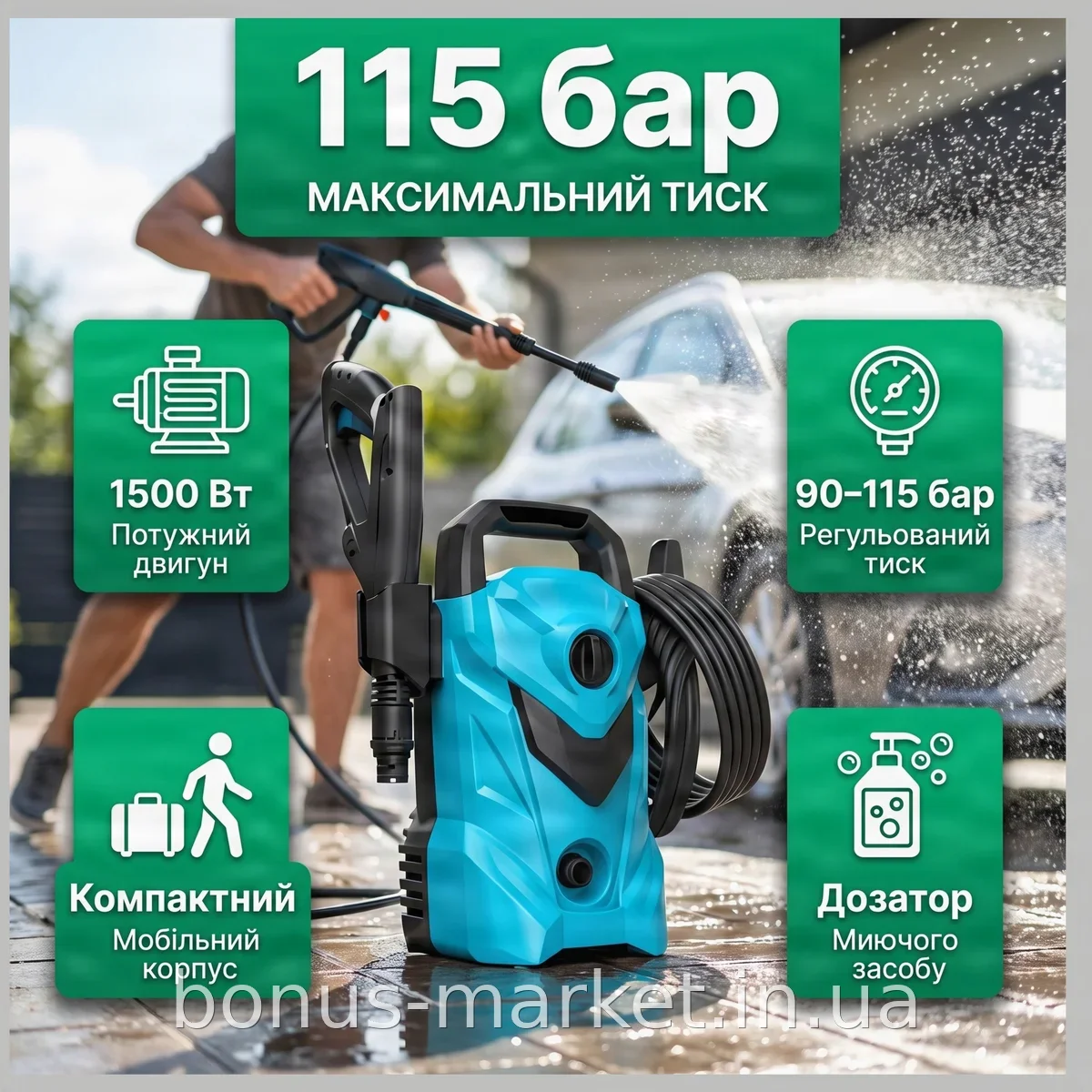 Электрическая мойка высокого давления MKA-03 1400 Вт, 115 бар, портативная автомойка для авто сада и фасадов