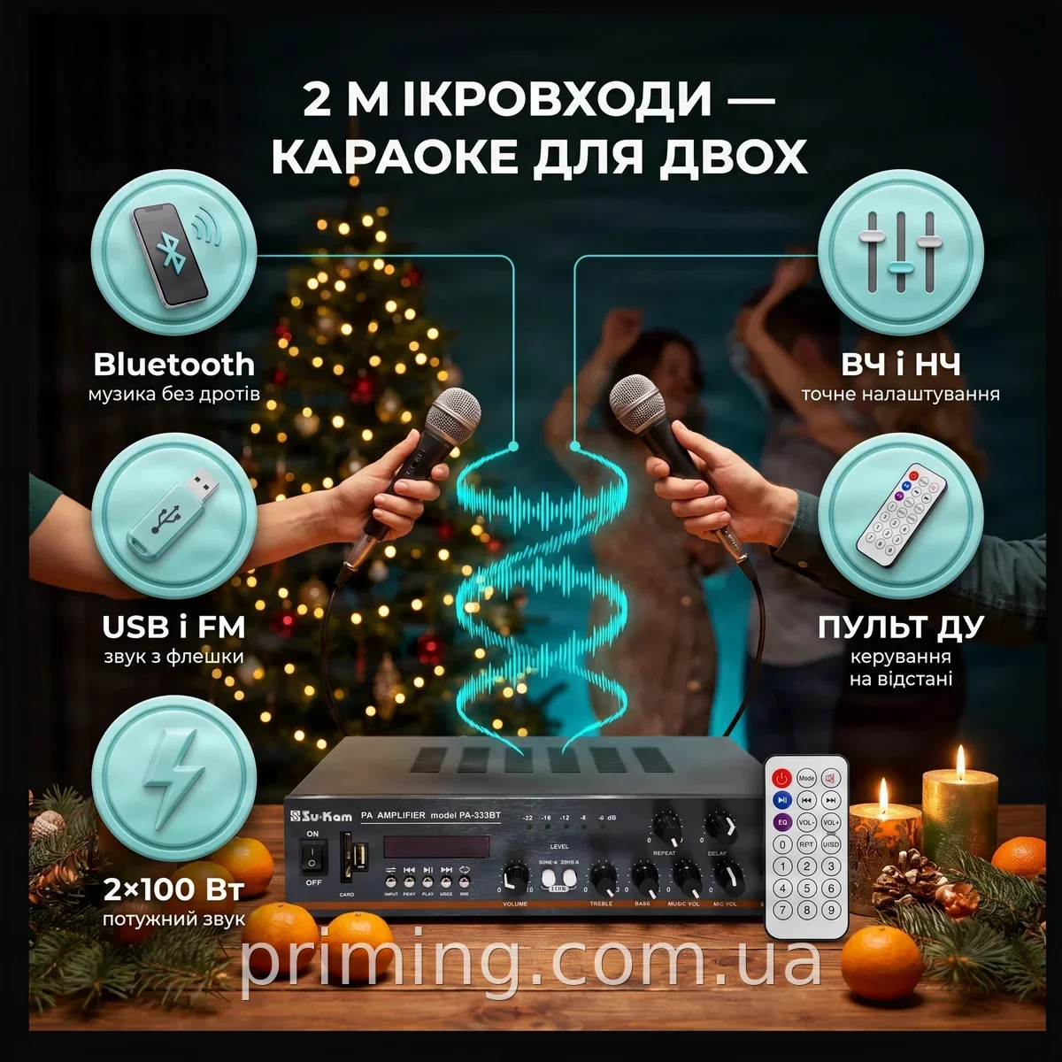Усилитель мощности звука 2х100 Вт двухканальный с Bluetooth и пультом ДУ, AMP 333 BT для колонок дома и авто