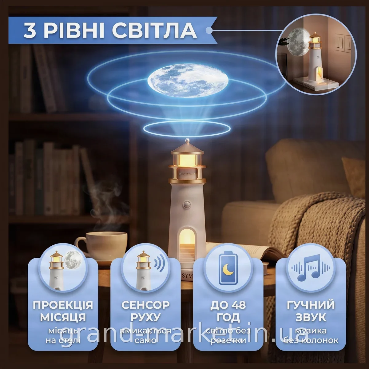 Світлодіодний нічник-проектор Маяк з місяцем на стіну, Bluetooth-динамік і пульт, акумуляторний MG-AD8